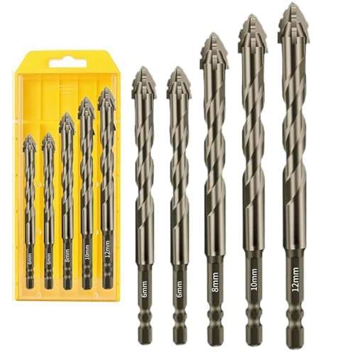5 Piece Set of Four Flute Drill Bits - High Hardness Eccentric Twist Drill Bits Set for Tile Glass Ceramic Brick Metal Plastic Wood & General Concrete (6/6/8/10/12mm)