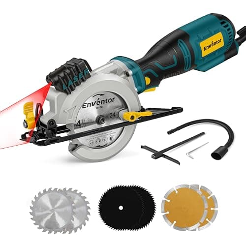 Enventor Mini Circular Saw, 5.8A 4-1/2" Electric Circular Saws with 6 Saw Blades, Laser Guide, Max Cutting Depth 1-11/16"(90°), 1-1/8"(45°) for Soft Metal, Wood, Tile, Drywall, Plastic Cutting