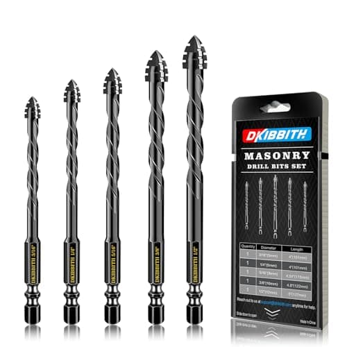 DKIBBITH 4-Flute Serrated Masonry Drill Bit Set 5-Piece Black- 3/16",1/4",5/16",3/8" to 1/2" for Concrete, Tile, Brick, Glass, Ceramic.