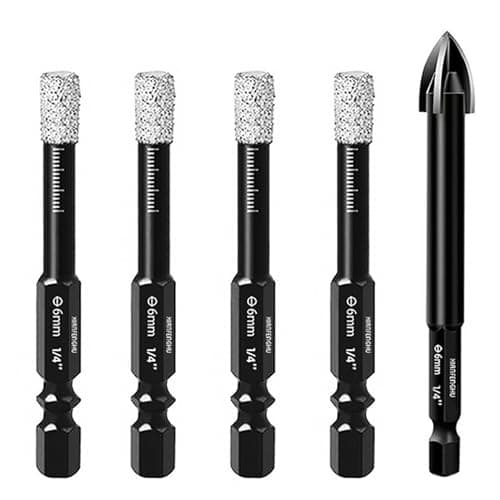 XIANFENGHU Dry Diamond Core Drill Bits Set 5PCS, 1/4" Carbide Drill Tile Hole Saws Vacuum Brazed with Hex Shank for Ceramic, Porcelain Tiles, Marble, Granite, Quartz, Glass, Hard Materials.