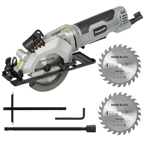 Inequalit Mini Circular Saw, 4Amp 3500RPM Corded Compact Saw with 4-1/2" 24T TCT Blades, Laser Guide, Rip Guide, Vacuum Adapter and Blade Wrench, Max Cutting Depth 1-11/16"(90°), 1-1/8"(45°)