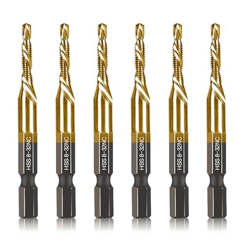 6-pc 8-32NC Combination Drill Tap Bit Set SAE, 8-32NC Thread Size, Titanium Coated High-Speed Steel, Ideal for Drilling Threading and Countersinking in Soft Metal Wood and Plastic, 1/4” Hex Shank
