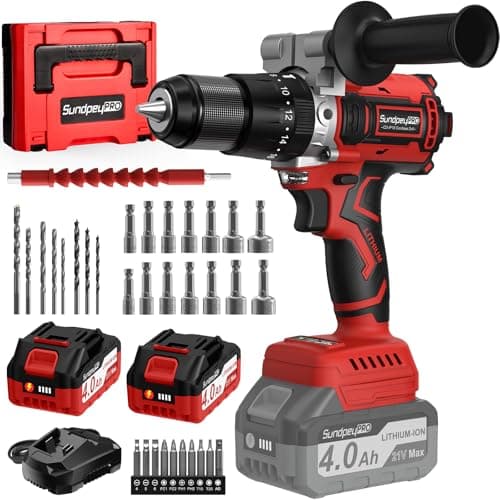 SundpeyPRO 1060In·lbs Cordless Drill Driver - 20+3 Torque Brushless Hammer Drill with 2 x 4.0Ah Battery & Fast Charger - 21V Electric Power Drills Set with 2 Speeds & 1/2 Inch Self-locking Metal Chuck
