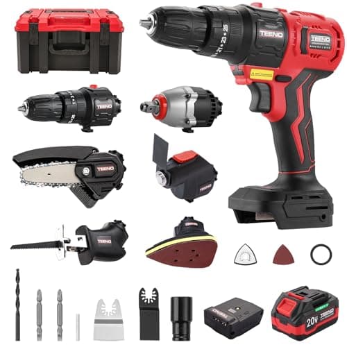 TEENO 20V Brushless Power Tool Combo Kit, 6-in-1 Cordless Interchangeable Multi-Tool Set (Drill, Impact Wrench, Oscillating Tool, Chain & Reciprocating Saw, Sander) with USB Adapter & Tool Box