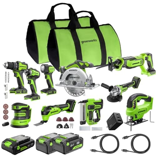 Greenworks 24V Brushless 10PC Power Tool Combo, Drill+Impact Driver+Circular Saw+Recip Saw+Jig Saw+Sander+Light+Multi-Tool+Nailer+Grinder (2) 4.0Ah+2.0Ah Batteries (24,000mAh Power Bank) USB-C Charger