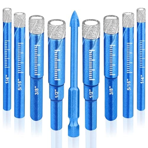 Comfylichi 9 Piece Dry Diamond Drill Bits Set, Tile Drill Bits for Glass, Granite, Ceramic, Tile, Quartz Stone, Sizes 1/4" 5/16" 3/8" 1/2", Built-in Solid Cooling Wax, Fast Dry Drilling, Round Shank